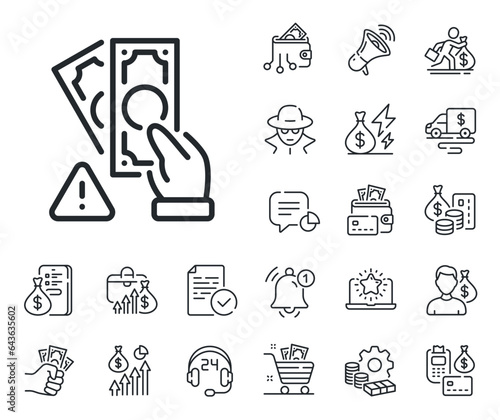 Money fraud crime sign. Cash money, loan and mortgage outline icons. Bribe line icon. Cash scam symbol. Bribe line sign. Credit card, crypto wallet icon. Inflation, job salary. Vector