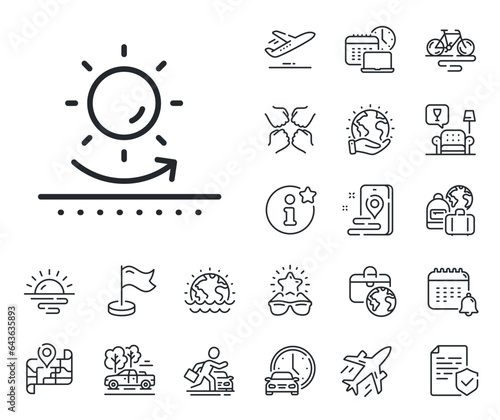 Uv protect sign. Plane jet, travel map and baggage claim outline icons. Sun protection line icon. Sunscreen effect symbol. Sun protection line sign. Car rental, taxi transport icon. Vector
