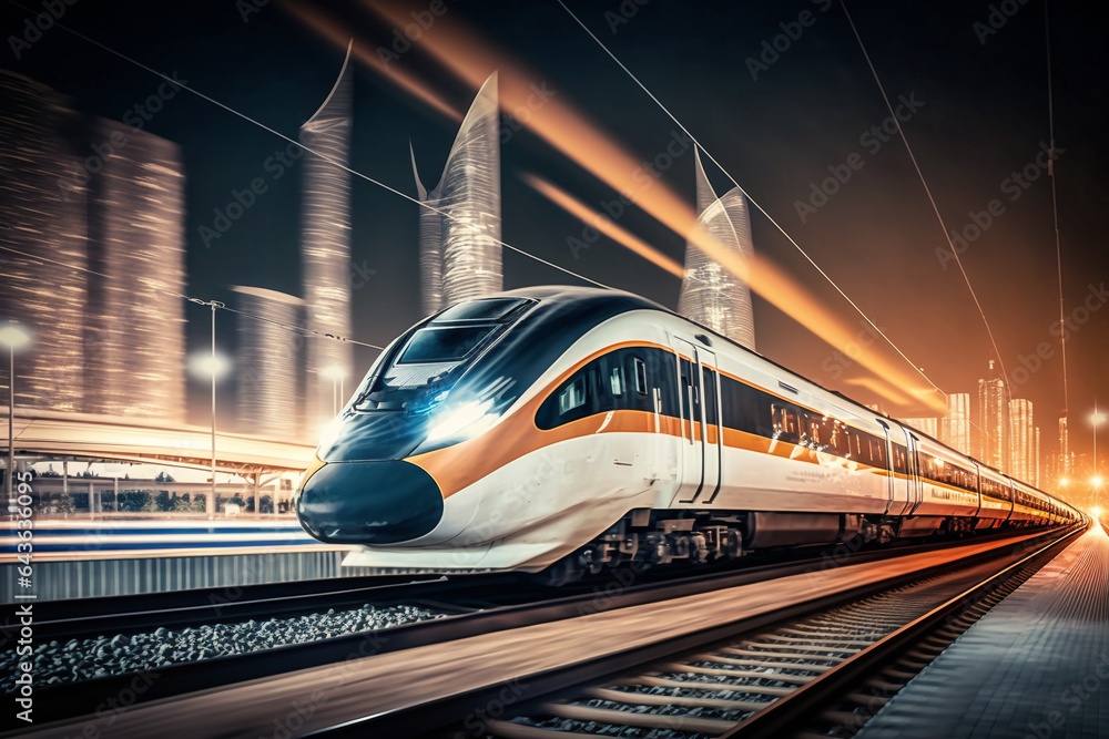 Fototapeta premium High speed train at station and blurred cityscape at night on background generative ai