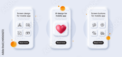 Social responsibility, Eye target and Spanner line icons pack. 3d phone mockups with heart. Glass smartphone screen. Floor plan, Fair trade, Banking web icon. Vector