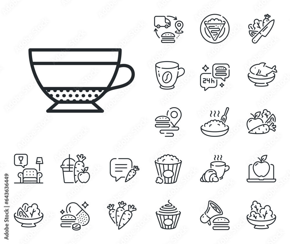 Hot drink sign. Crepe, sweet popcorn and salad outline icons. Dry Cappuccino coffee icon. Beverage symbol. Dry Cappuccino line sign. Pasta spaghetti, fresh juice icon. Supply chain. Vector