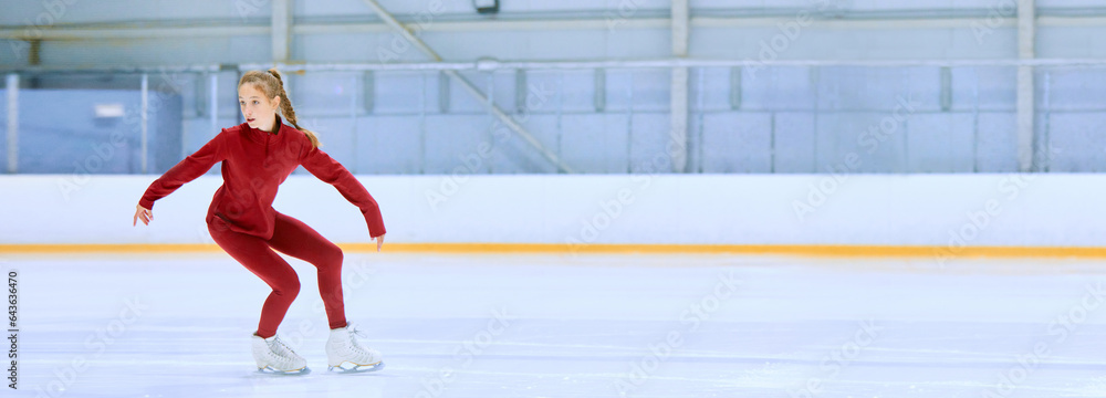 Talented and concentrated girl in red sportswear, figure skating athlete in motion, training on ice rink arena. Concept of professional sport, competition, sport school. Banner. Copy space for ad - obrazy, fototapety, plakaty 