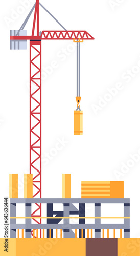 Construction process. Urban multi story residential house building. Industrial crane. City architecture. Concrete foundation. Unfinished skyscraper. Housing development. Vector concept