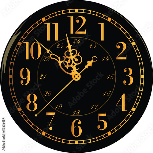 Gold vintage clock with Roman numeral and countdown midnight, eve for New Year. Golden wall clock-face dial.