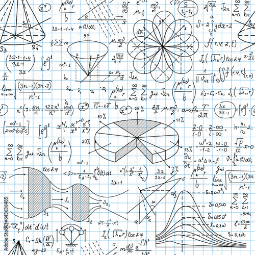 "Back to school" vector seamless pattern with math formulas, figures and calculations handwritten on a grid copybook sheet of paper 