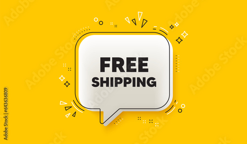 Free shipping tag. 3d speech bubble yellow banner. Delivery included sign. Special offer symbol. Free shipping chat speech bubble message. Talk box infographics. Vector