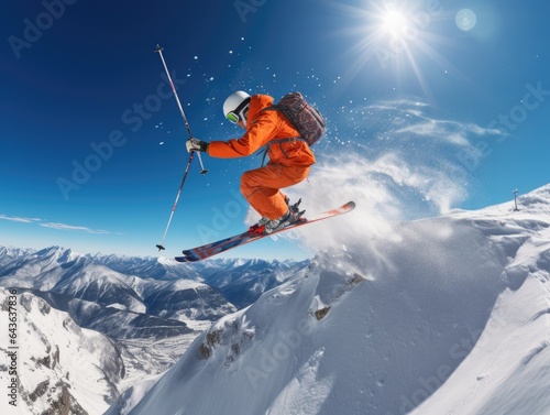 Flying skier in the air on snow mountain. Extreme winter sport