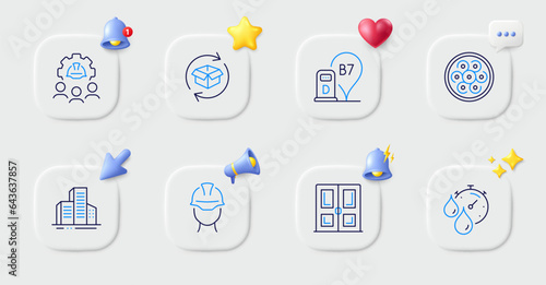 Buildings, Foreman and Return parcel line icons. Buttons with 3d bell, chat speech, cursor. Pack of Timer, Diesel station, Cable section icon. Engineering team, Door pictogram. Vector