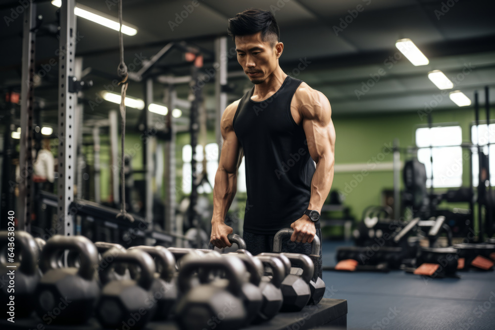 Fototapeta premium Asian muscular man selecting kettlebel in a gym , male bodybuilding