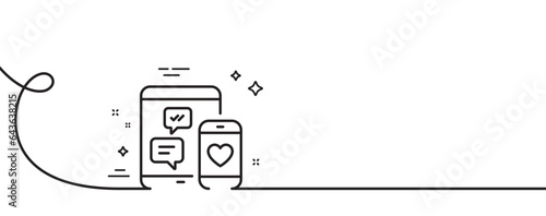 Social media messages line icon. Continuous one line with curl. Mobile devices sign. Smartphone Love message symbol. Social media single outline ribbon. Loop curve pattern. Vector