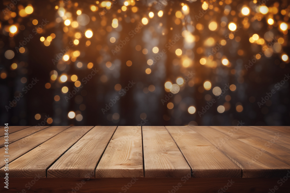 Festive wooden table background with Christmas tree lights outdoor Festive wooden table background with Christmas tree lights outdoor
