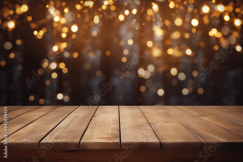Festive wooden table background with Christmas tree lights outdoor