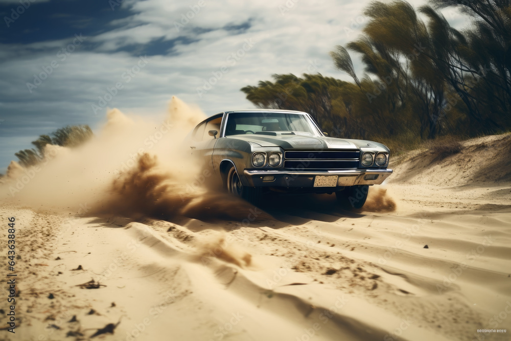 A powerful muscle car chums up sand at a beach. A powerful muscle car chums up sand at a beach.