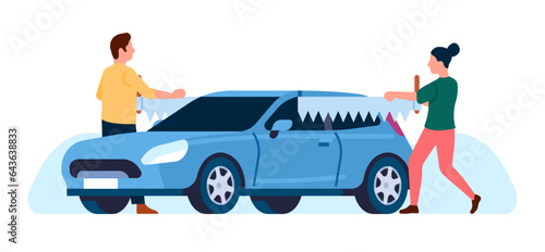 Dividing property. Woman and man use saw to cut car in half. Marriage divorce. Family conflict. Automobile separation. Legal transport division. Wife and husband breakup. Vector concept