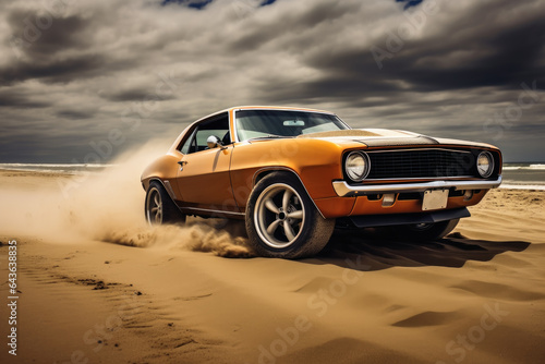 A powerful muscle car chums up sand at a beach. © Nicole