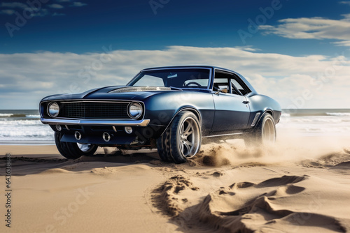 A powerful muscle car chums up sand at a beach.