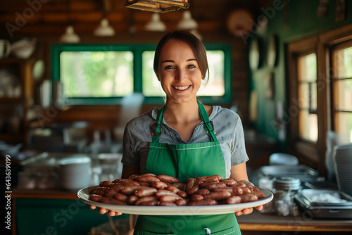 Young waitress carries a plate of grilled sausage , german or austrian countryside cafe with wooden interior