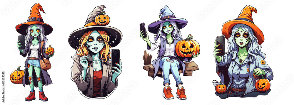 Zombie Pinup Girl Holding telephone. stickers on a transparent background. White background