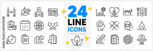Icons set of Checklist, Decreasing graph and Inspect line icons pack for app with 3d app, Coronavirus statistics, Local grown thin outline icon. Waterproof, Medical analyzes. Vector