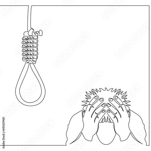 Continuous line drawing Depressed person thinking about suicide icon vector illustration concept