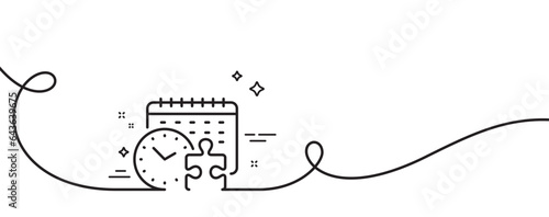 Puzzle time line icon. Continuous one line with curl. Jigsaw piece with clock sign. Business challenge symbol. Puzzle time single outline ribbon. Loop curve pattern. Vector