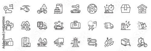 Icons pack as Bike timer, Helicopter and Home charging line icons for app include Delivery cart, Delivery online, Car travel outline thin icon web set. Package box, Charging station. Vector