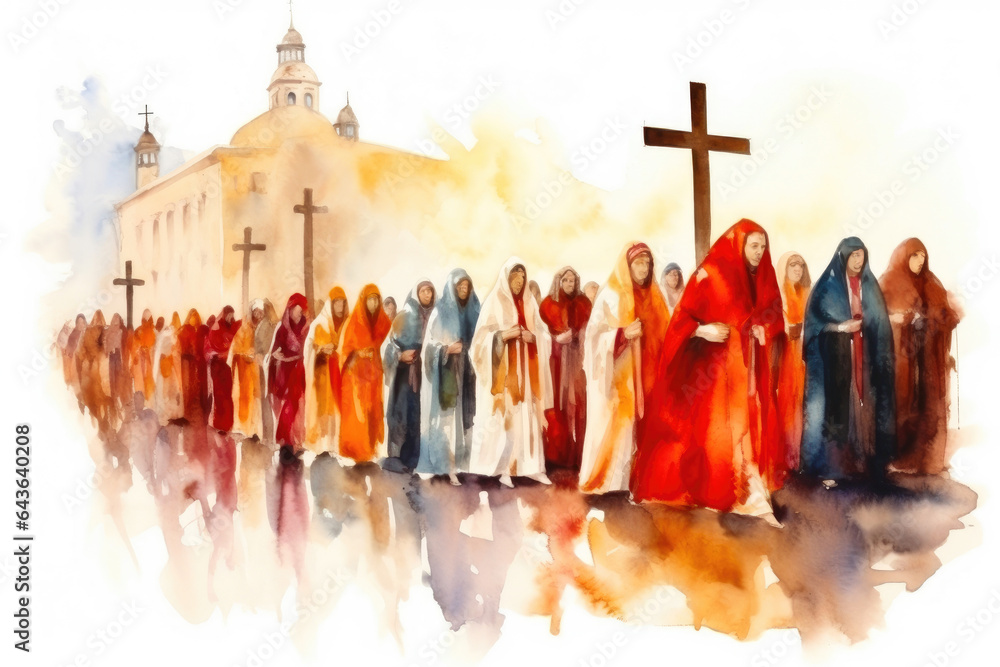 Sacred Watercolor Depiction of Holy Week Procession - obrazy, fototapety, plakaty 