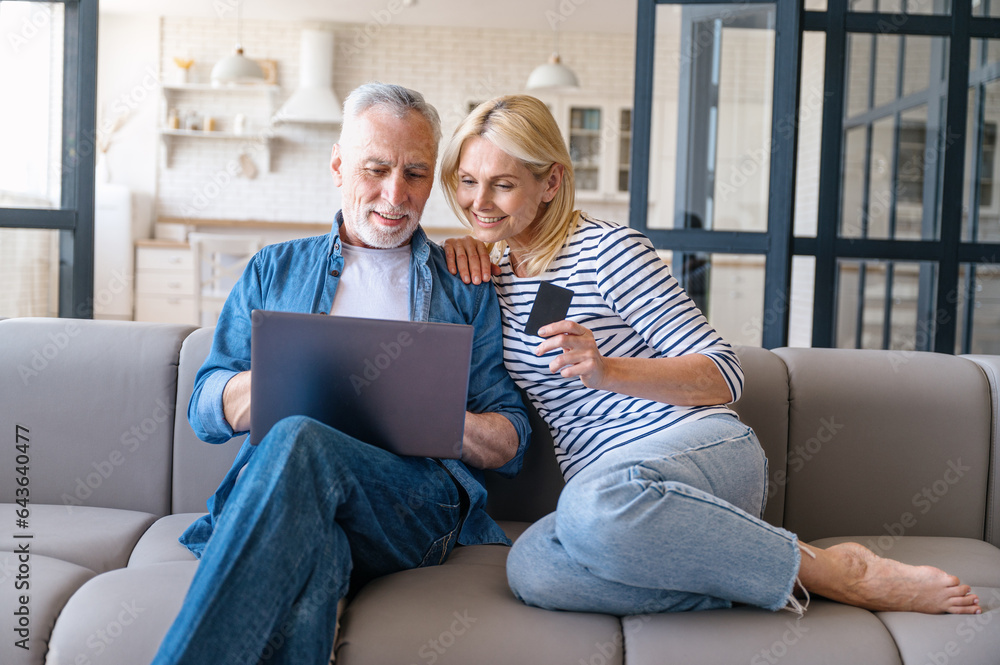 Mature couple buying online on website, using laptop with internet