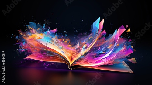 An open magic book with a bright glow around. Small particles of the book are scattered in the air