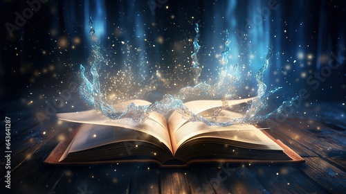 An open magic book with a bright glow around. Small particles of the book are scattered in the air