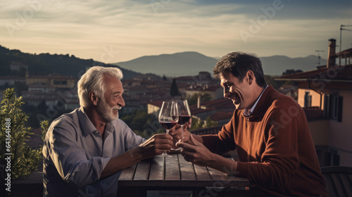 An elderly father and son are sitting on the terrace drinking wine photo