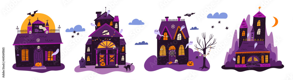 Halloween houses. Horror gothic village buildings. Spooky witches dwellings. Black cat. Creepy castles. Scary mansion with cobwebs and ghosts. Night landscape elements. Garish vector set