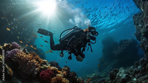 Female scuba diver in the tropical ocean. Exploring coral reef. Schools of fish. Generative AI. photo