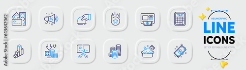 Atm, Donate and Coins line icons for web app. Pack of Launder money, Payment, Tax calculator pictogram icons. Deflation, Bankrupt, Loyalty star signs. Money, 3d chart, Sale megaphone. Vector