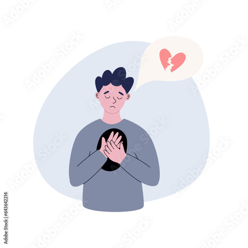 A person suffering from broken heart. Sad man with hole in his chest. Concept of loss of a loved one. Flat style vector illustration of unhappiness.