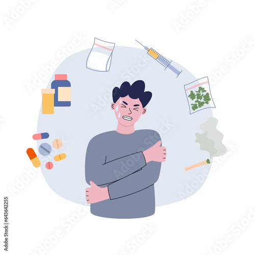 A man suffering from drugs addiction. Addiction to different narcotics. Flat style vector illustration of illness.