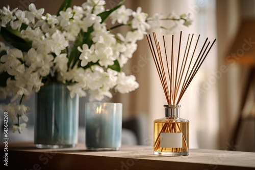 Reed diffuser on table with flowers on living room background. AI Generated.