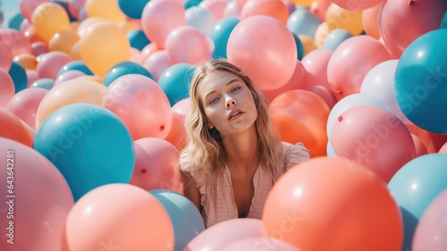 Whimsical portrait of woman surrounded by pink and blue ballons