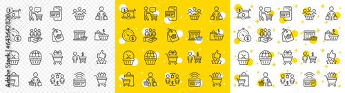 Contactless payment card, shopping cart and group of people. Buyer customer line icons. Store, buyer loyalty card, client ranking set icons. Shopping timer, phone payment, currency. Vector