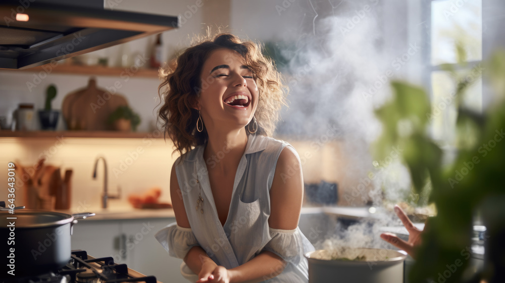Young woman laughs while cooking in the kitchen Young woman laughs while cooking in the kitchen