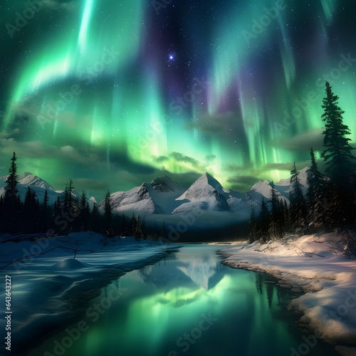 aurora view in night sky tundra environment, generative ai © Miftah