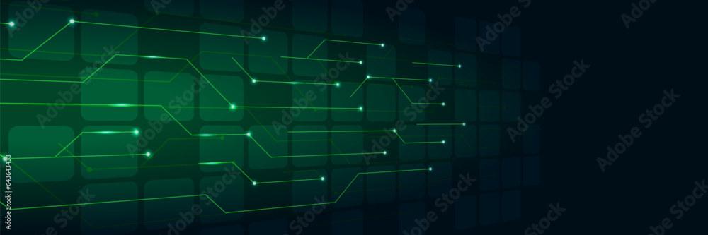 abstract green technology background with glowing dots lines and circuit board