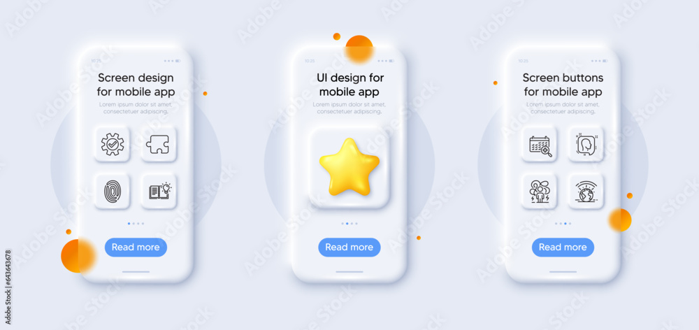 Puzzle, Head and Service line icons pack. 3d phone mockups with star. Glass smartphone screen. Fingerprint, Medical calendar, Difficult stress web icon. Greenhouse, Product knowledge pictogram. Vector Puzzle, Head and Service line icons pack. 3d phone mockups with star. Glass smartphone screen. Fingerprint, Medical calendar, Difficult stress web icon. Greenhouse, Product knowledge pictogram. Vector