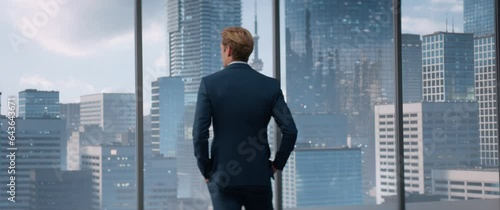 Confident Young Businessman in Perfect Tailored Suit Standing in His Office Looking out of the Window on Big City Skyscrapers. Successful Finance Manager Planning Project Strategy. Anamorphic Shot photo