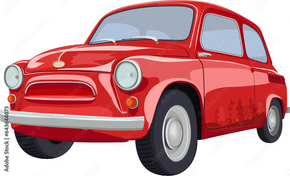 Small retro style red car Zaporozhets with white background