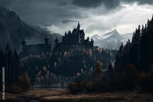 Dark gothic castle in valley and rocky mountains on background generative ai