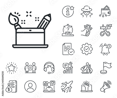 Graphic designer sign. Salaryman, gender equality and alert bell outline icons. Creativity concept line icon. Brush and pencil symbol. Creativity concept line sign. Vector