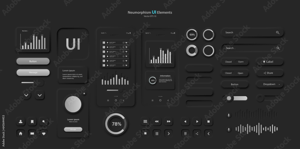 A set of user interface elements for a mobile application in black and red. A set of user interface icons for the Internet, social networks, and business. Vector illustration.