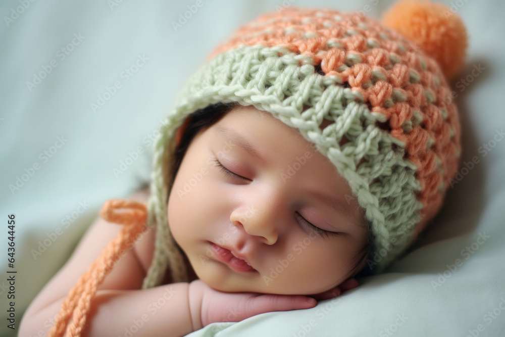 Cute newborn baby in pastel orange green knitted wool hat sleeping at day time. Sweet kid concept Cute newborn baby in pastel orange green knitted wool hat sleeping at day time. Sweet kid concept