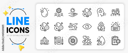 Apartment insurance, Coronavirus and Stop coronavirus line icons set for app include Vitamin e, Vitamin a, Medical flight outline thin icon. Blood and saliva test, Eye. Vector